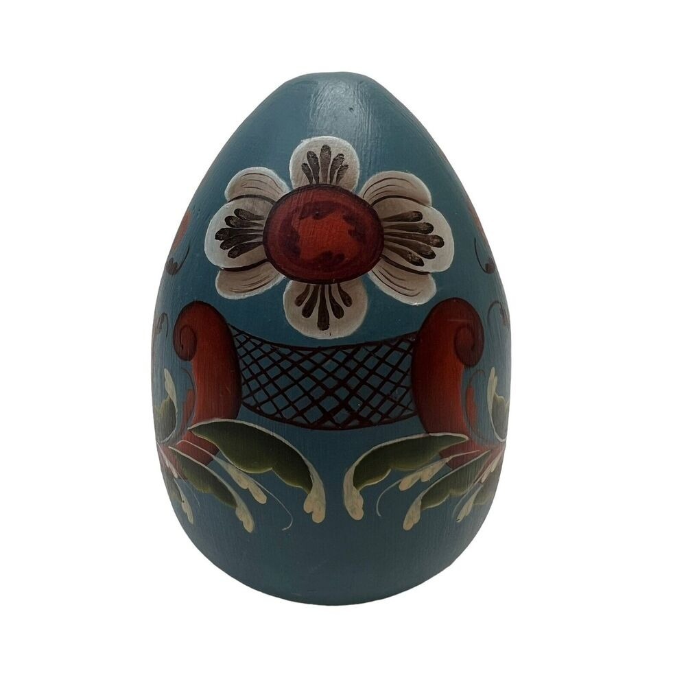 Vintage Hand‎ Painted Wooden Egg Blue Floral Motifs Lottie USA 5 Inch
